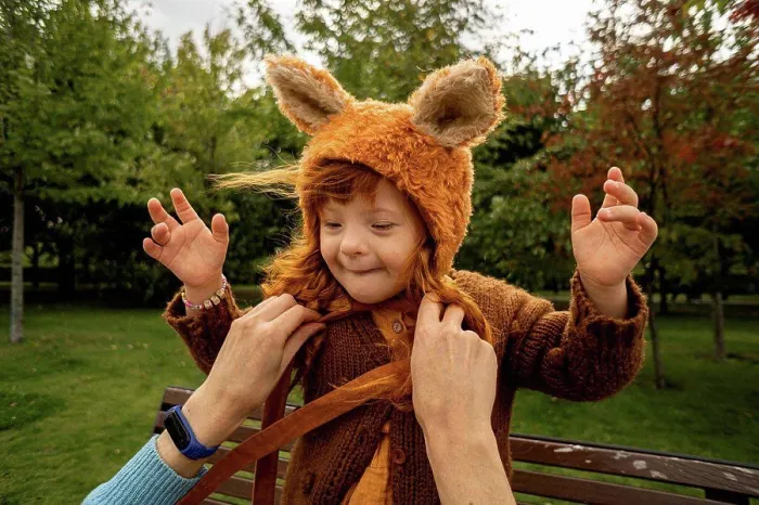 Framed Print : Mother tying bear costume hat of daughter at park Framed Print : Mother tying bear costume hat of daughter at park