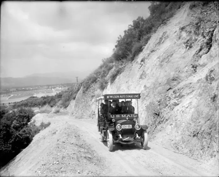 Framed Print : MT. WILSON AUTO STAGE LINE / MAIL TRUCK ASCENDING MT. WILSON TOLL ROAD WITH LOAD OF PEOPLE