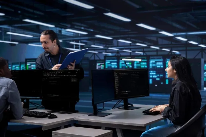 Framed Print : Multiethnic staff members in data center updating systems Framed Print : Multiethnic staff members in data center updating systems