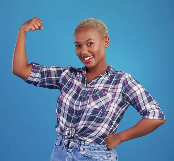 Framed Print : Muscle, arm flex and portrait of black woman in studio for empowerment Framed Print : Muscle, arm flex and portrait of black woman in studio for empowerment