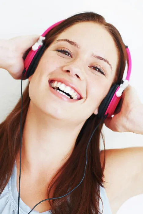 Framed Print : Music headphones, happy face and woman portrait listening to fun girl song Framed Print : Music headphones, happy face and woman portrait listening to fun girl song