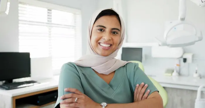 Framed Print : Muslim dentist, woman and happy with face Framed Print : Muslim dentist, woman and happy with face