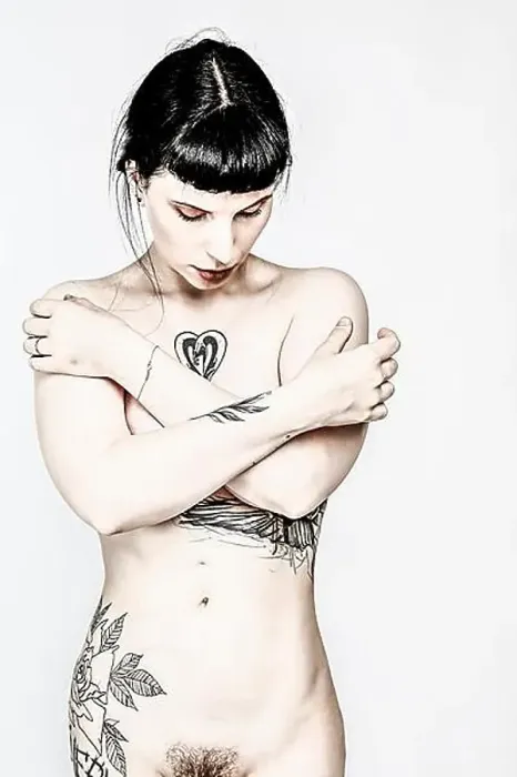 Framed Print : Naked Young Woman with Tattoos, Gothic Girl