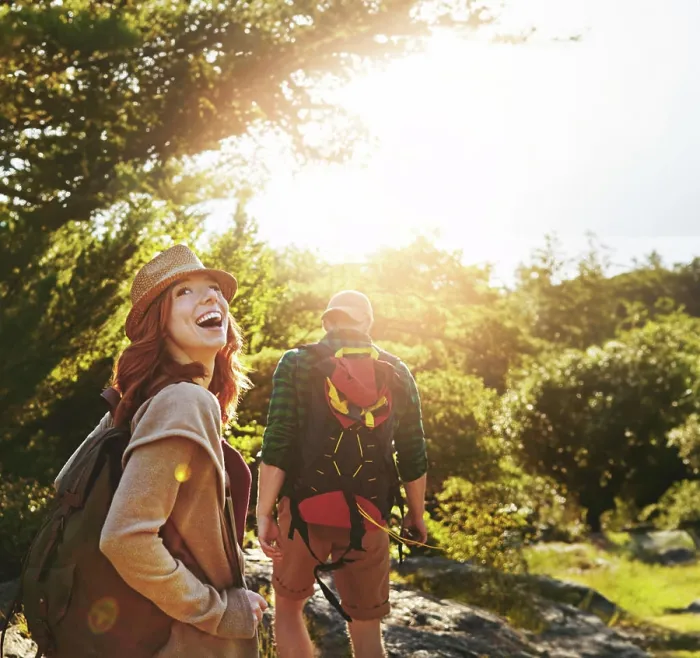 Framed Print : Nature, hiking and couple walking on adventure holiday in mountain with trees Framed Print : Nature, hiking and couple walking on adventure holiday in mountain with trees