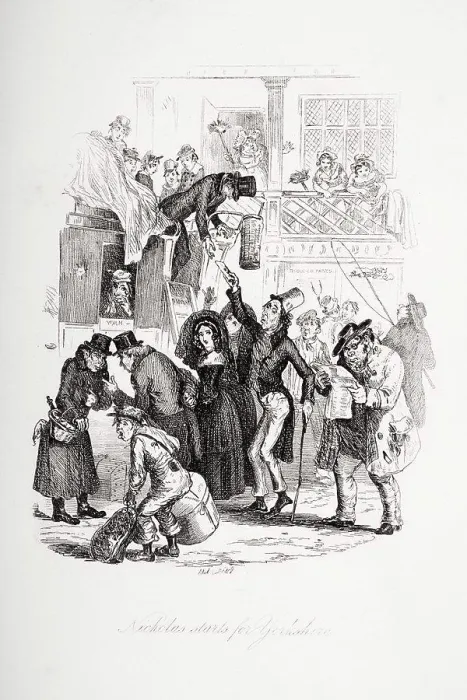 Framed Print : Nicholas starts for Yorkshire. Illustration from the Charles Dickens novel Nicholas Nickleby by H Framed Print : Nicholas starts for Yorkshire. Illustration from the Charles Dickens novel Nicholas Nickleby by H