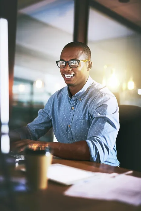 Framed Print : Night, computer and black man in office for business Framed Print : Night, computer and black man in office for business