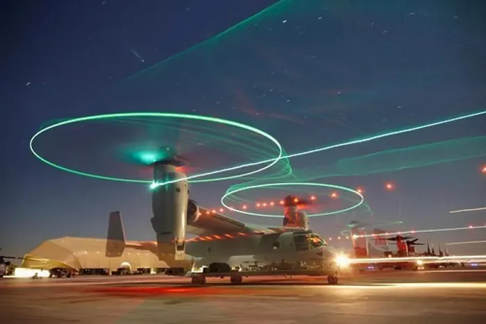 Framed Print : Nighttime view of a U.S. Marine Corps MV-22 Osprey taxiing out to launch at Camp Bastion, Helmand Province, Afghanistan Framed Print : Nighttime view of a U.S. Marine Corps MV-22 Osprey taxiing out to launch at Camp Bastion, Helmand Province, Afghanistan