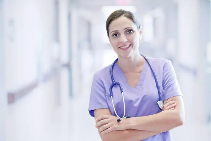 Framed Print : Nurse wearing purple uniform Framed Print : Nurse wearing purple uniform
