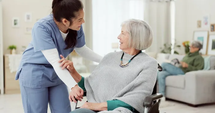 Framed Print : Nurse, wheelchair and happy woman for support Framed Print : Nurse, wheelchair and happy woman for support
