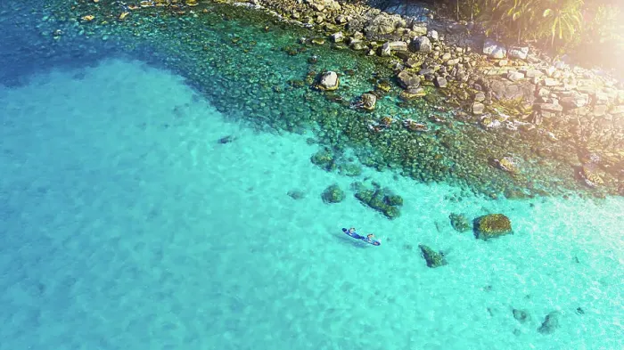 Framed Print : Ocean, drone and people on paddle board for vacation adventure Framed Print : Ocean, drone and people on paddle board for vacation adventure