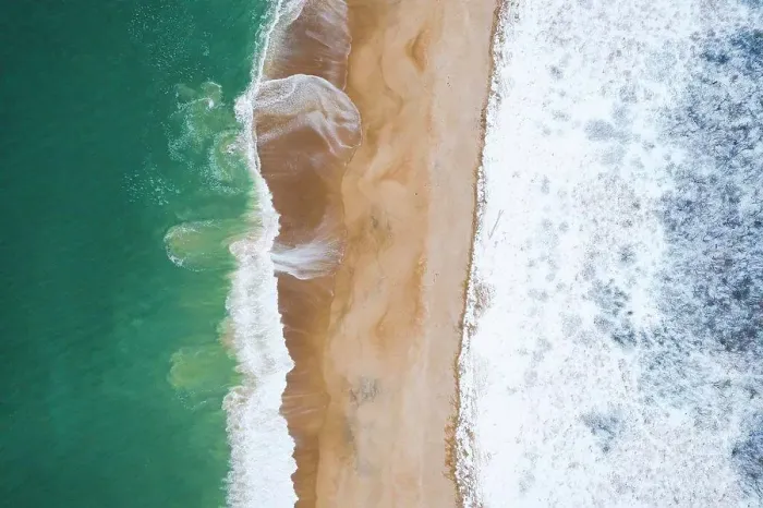 Framed Print : Ocean on a Sandy Beach Shoreline from Aerial Drone Framed Print : Ocean on a Sandy Beach Shoreline from Aerial Drone