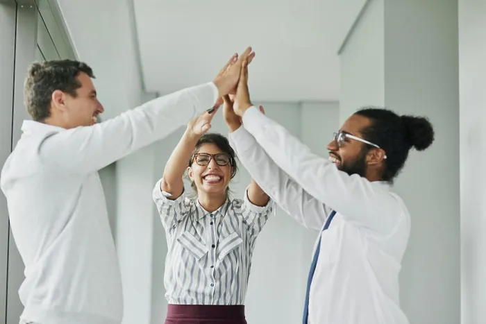 Framed Print : Office, business people and excited with high five for support Framed Print : Office, business people and excited with high five for support