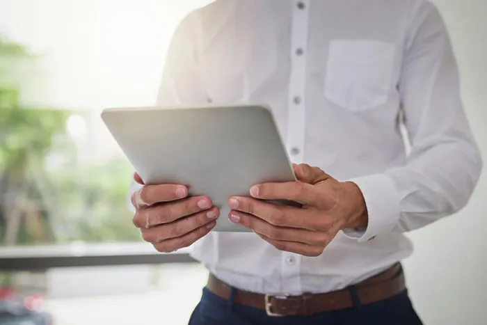 Framed Print : Office, hands and person with tablet for research
