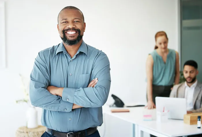 Framed Print : Office, happy man and portrait with arms crossed for leadership Framed Print : Office, happy man and portrait with arms crossed for leadership
