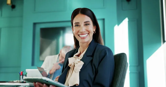Framed Print : Office, tablet and portrait of business woman for online website