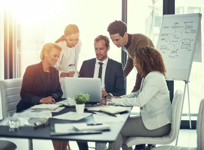 Framed Print : Office, teamwork and business people with laptop for solution Framed Print : Office, teamwork and business people with laptop for solution