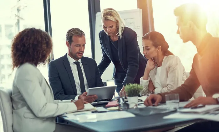 Framed Print : Office, teamwork and business people with tablet for solution