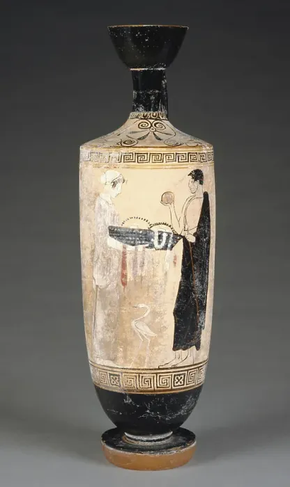 Framed Print : Oil Jar with a Woman Carrying a Basket of Offerings; Attributed to the Timokrates Painter (Greek (Attic) Framed Print : Oil Jar with a Woman Carrying a Basket of Offerings; Attributed to the Timokrates Painter (Greek (Attic)