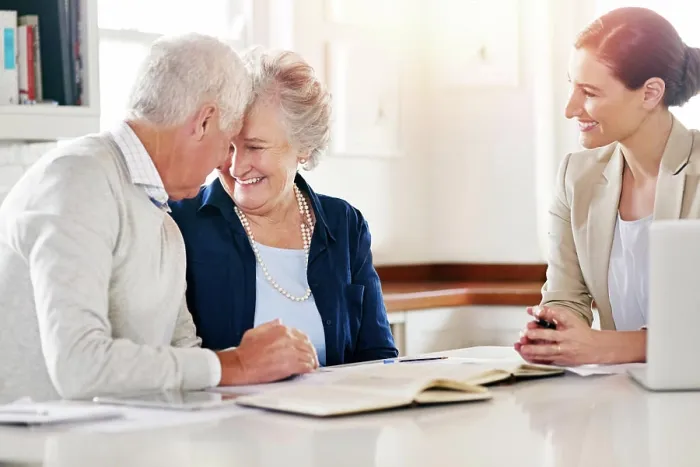 Framed Print : Old couple, financial advisor and smile for agreement