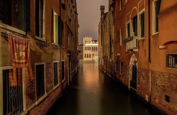 Framed Print : Old row of houses at canal at night, Venice, Veneto, Italy Framed Print : Old row of houses at canal at night, Venice, Veneto, Italy