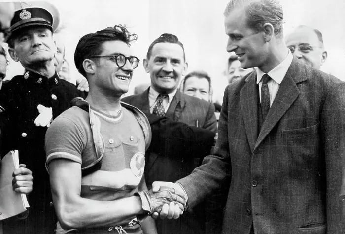 Framed Print : Olympic Games - France Wins Cycle Road Race At Windsor -- The Duke of Edinburgh shakes hands with J Framed Print : Olympic Games - France Wins Cycle Road Race At Windsor -- The Duke of Edinburgh shakes hands with J