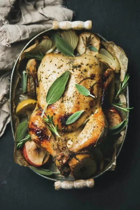Framed Print : Oven roasted whole chicken with onion Framed Print : Oven roasted whole chicken with onion