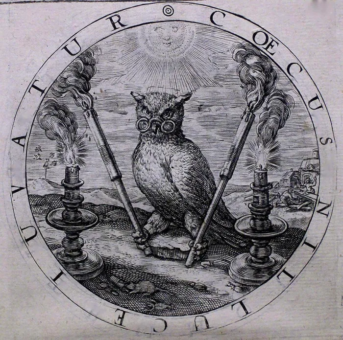 Framed Print : The owl as a symbol of blind opinion; an etching in George Wither's A Collection of Emblemes Framed Print : The owl as a symbol of blind opinion; an etching in George Wither's A Collection of Emblemes