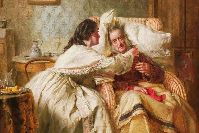 Framed Print : Painting titled Woman's Mission:Comfort of Old Age by George Elgar Hicks dated 1862 Framed Print : Painting titled Woman's Mission:Comfort of Old Age by George Elgar Hicks dated 1862