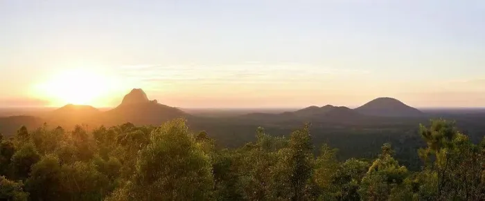 Framed Print : Panorama of sun rising over Glasshouse Mountains on the Sunshine Coast