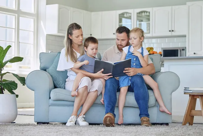 Framed Print : Parents, kids and home with storytelling on sofa for fantasy Framed Print : Parents, kids and home with storytelling on sofa for fantasy