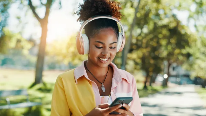 Framed Print : Park, woman and smile with smartphone for music Framed Print : Park, woman and smile with smartphone for music