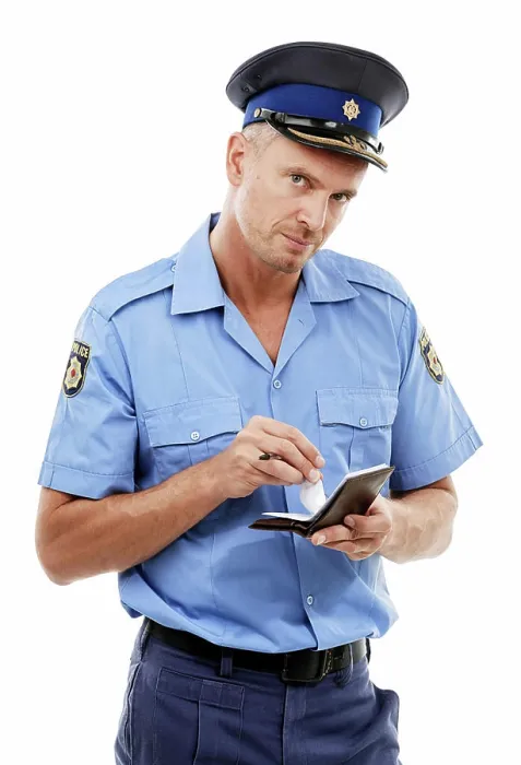 Framed Print : Parking fine, ticket and portrait of police writing on notepad for traffic laws