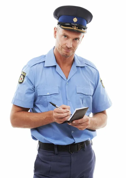Framed Print : Parking fine, writing ticket and portrait of police on white background with notepad for traffic laws