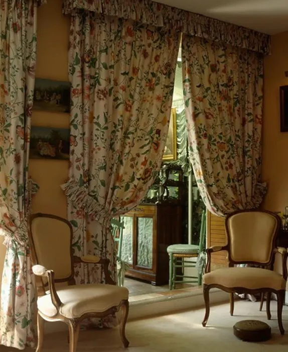 Framed Print : Patterned curtains in traditional living room Framed Print : Patterned curtains in traditional living room