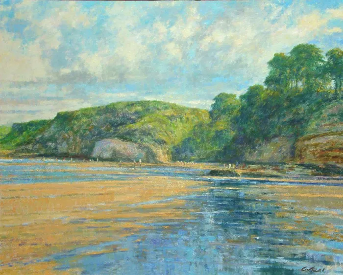 Framed Print : Pembroke coastal scene at Saundersfoot. Low tide with late afternoon light