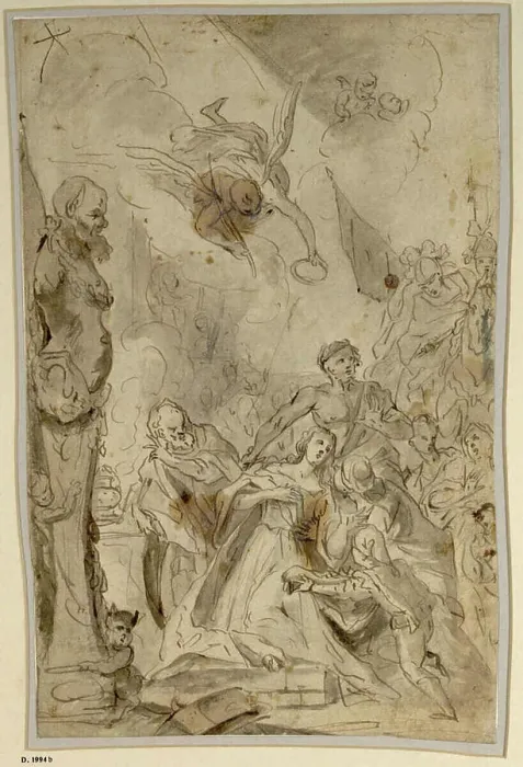 Framed Print : A pen and bister drawing by Peter Brandl depicting the martyrdom of a saint