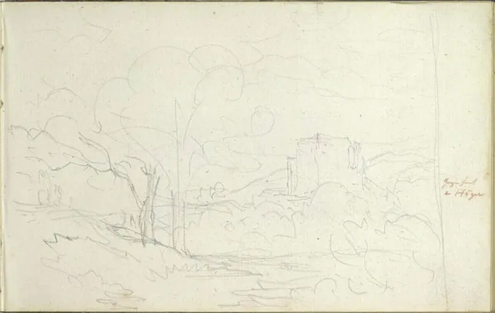Framed Print : Pencil sketch by Friedrich Gauermann from 1826-1848 showing a large landscape composition with hills