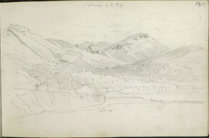 Framed Print : A pencil sketch by Heinrich Reinhold showing Salerno surrounded by large mountains with a fort on one mountain Framed Print : A pencil sketch by Heinrich Reinhold showing Salerno surrounded by large mountains with a fort on one mountain