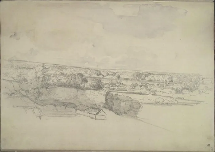 Framed Print : Pencil sketch by Johann Nepomuk Passini showing houses along a river landscape Framed Print : Pencil sketch by Johann Nepomuk Passini showing houses along a river landscape