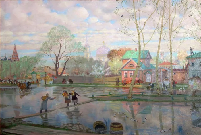Framed Print : People balancing on footbridge by Boris Michaylovich Kustodiev Framed Print : People balancing on footbridge by Boris Michaylovich Kustodiev