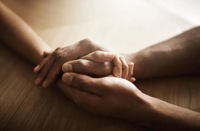 Framed Print : People, desk and holding hands in therapy for support