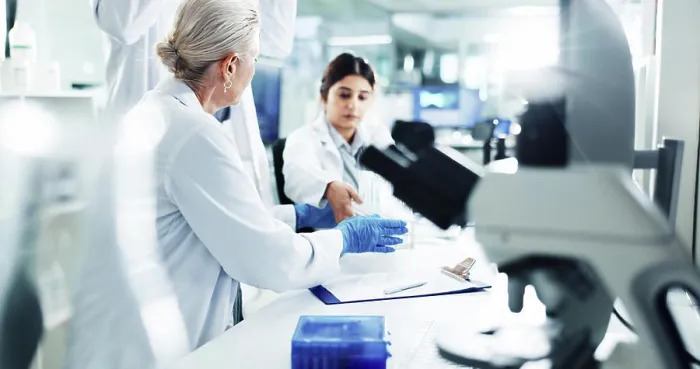 Framed Print : People, scientist and tube for test in lab of medical
