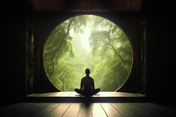 Framed Print : Person meditating looking out circular window. Generative AI Framed Print : Person meditating looking out circular window. Generative AI