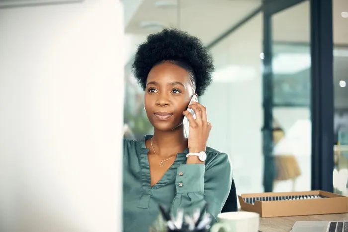 Framed Print : Phone call, black woman and business accountant on computer in conversation with contact
