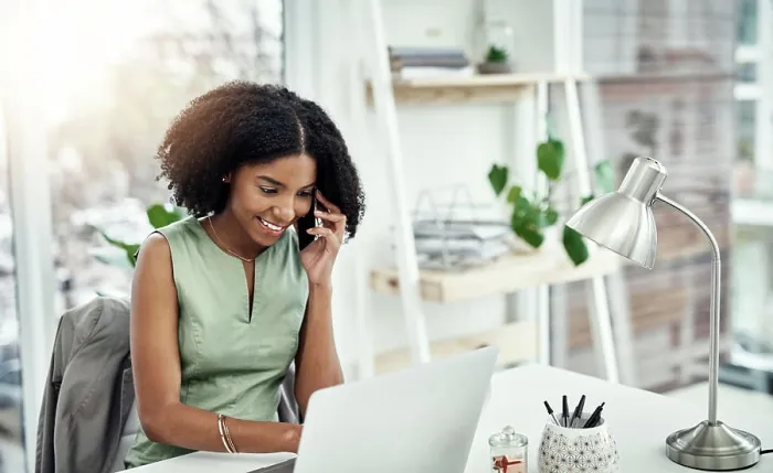 Framed Print : Phone call, laptop and businesswoman in office Framed Print : Phone call, laptop and businesswoman in office