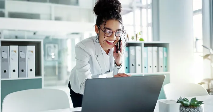 Framed Print : Phone call, laptop and happy corporate woman Framed Print : Phone call, laptop and happy corporate woman