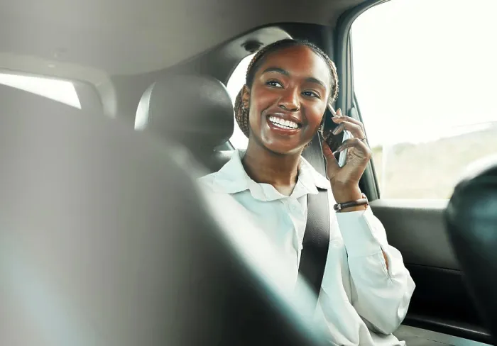Framed Print : Phone call, smile and black woman in car to travel Framed Print : Phone call, smile and black woman in car to travel