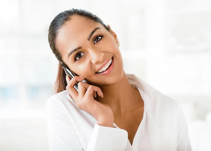 Framed Print : Phone call, smile and portrait of business woman talking to contact for news