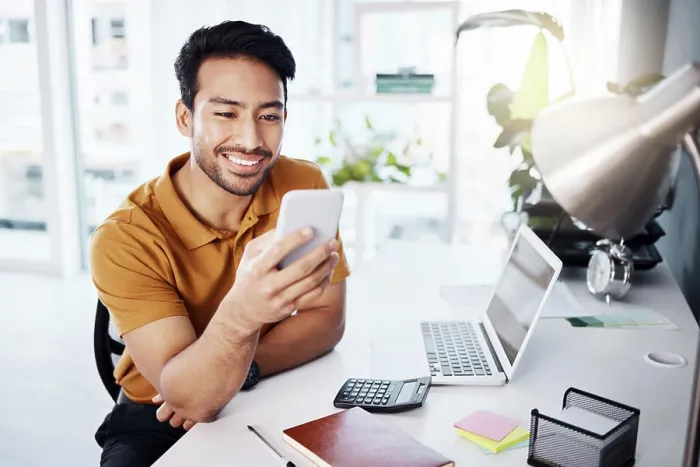 Framed Print : Phone communication, office and happy man typing Framed Print : Phone communication, office and happy man typing