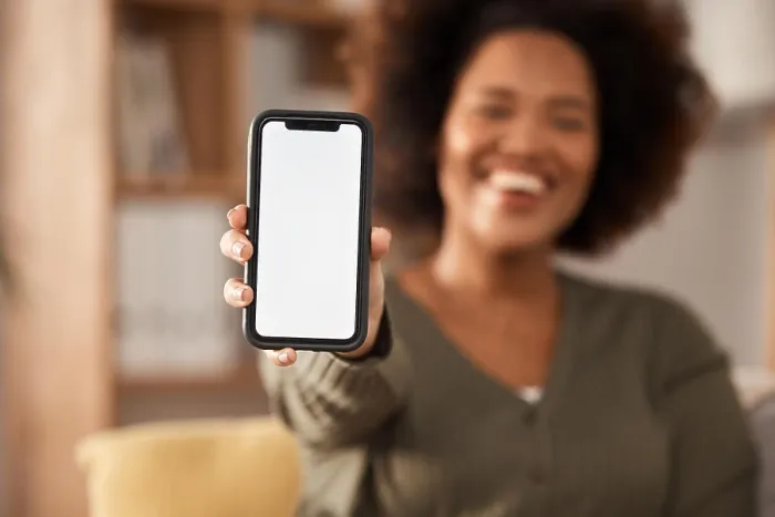 Framed Print : Phone screen, mockup and app, advertising and woman with smartphone in hand Framed Print : Phone screen, mockup and app, advertising and woman with smartphone in hand